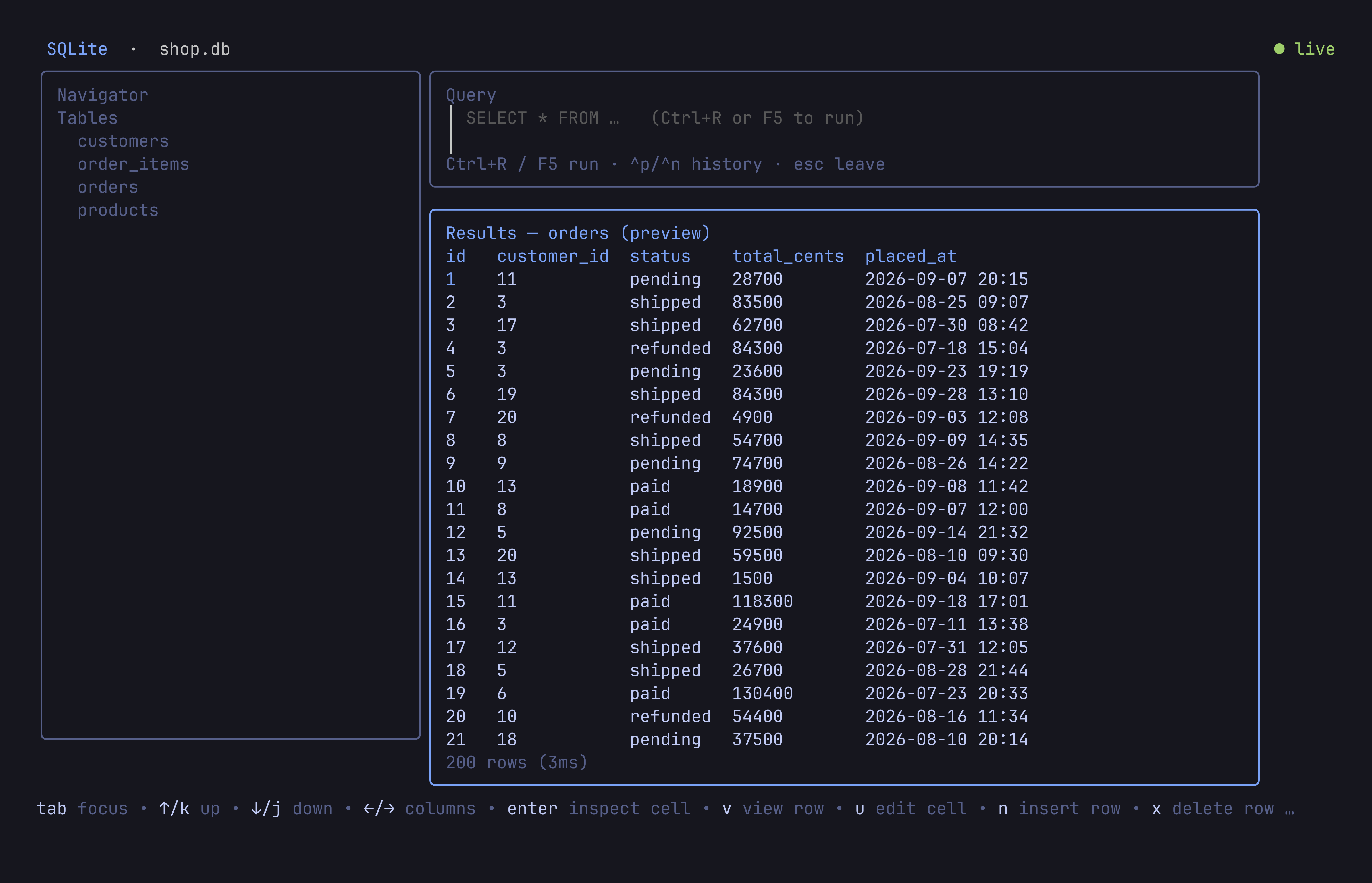 DBWiz previewing the rows of an orders table in its results grid