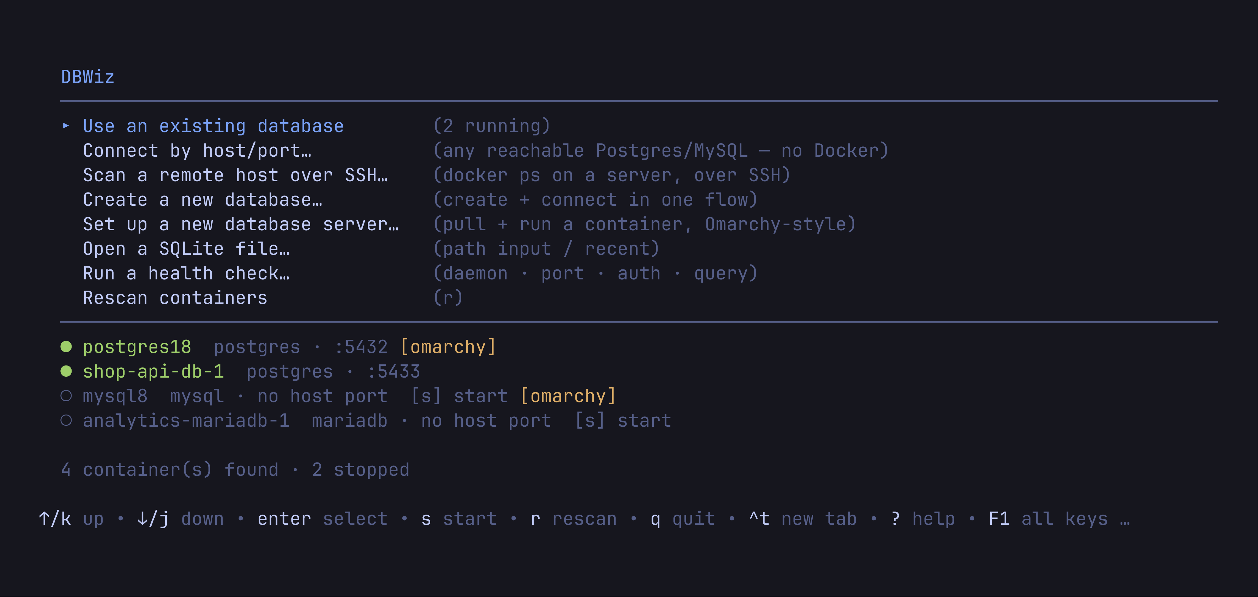 The DBWiz home menu listing detected database containers, two running and two stopped
