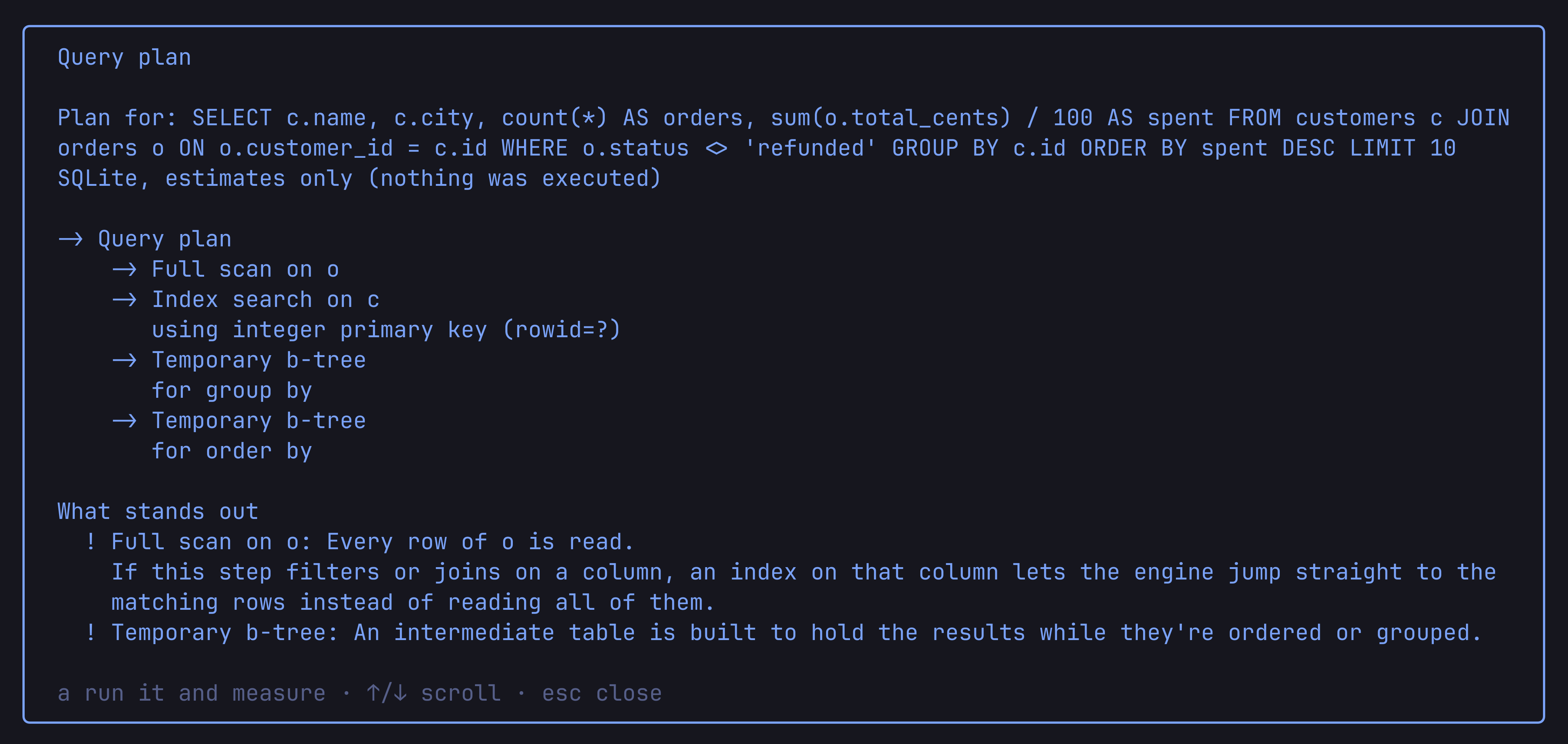 The DBWiz query plan viewer explaining a full table scan and suggesting an index